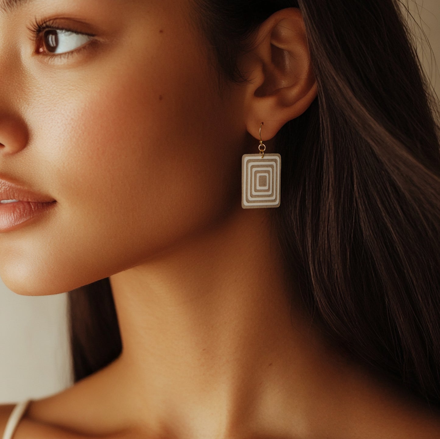 Pearlescent Taupe & Cream Rectangle Geometric Earrings