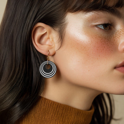 Black & Pearlescent White Stripey Circular Earrings