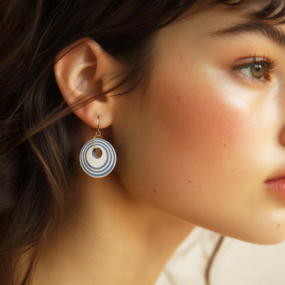 Cream & Blue Stripey Circular Earrings