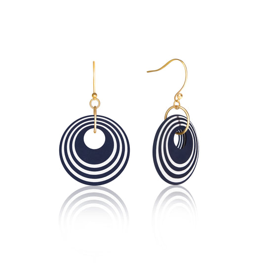 Navy &  Pearlescent White Stripey Circular Earrings