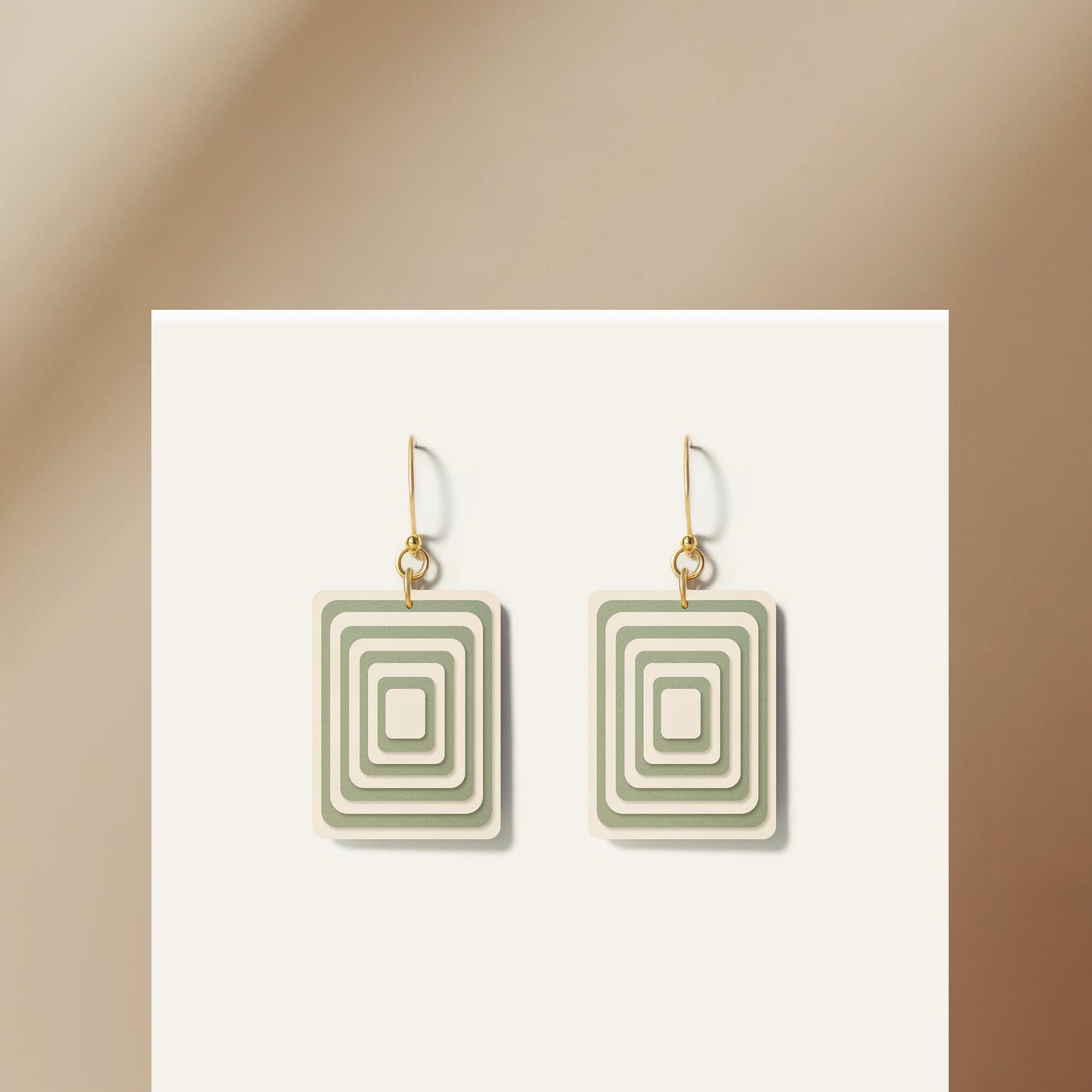 Cream & Green Rectangle Geometric Earrings
