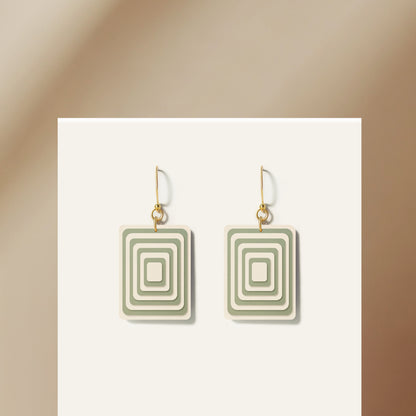 Cream & Green Rectangle Geometric Earrings