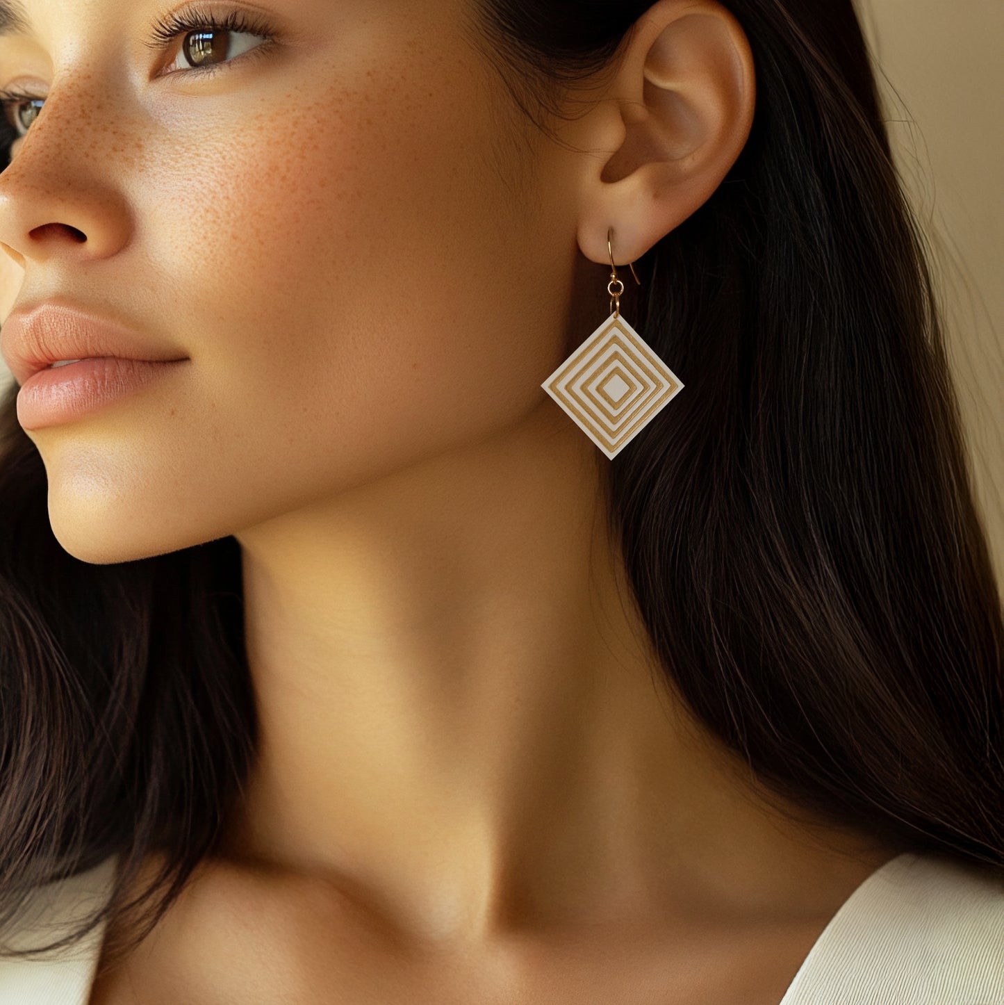 Cream & Pearlescent Taupe Diamond Geometric Earrings