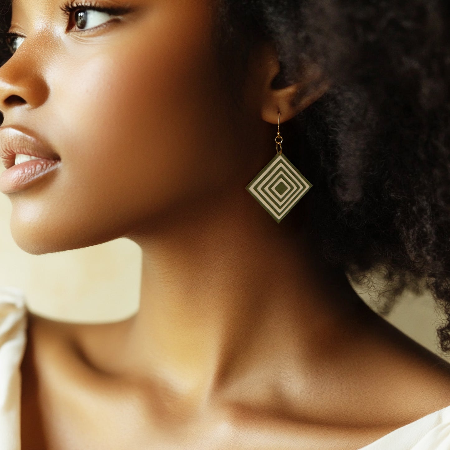 Khaki & Cream Diamond Geometric Earrings