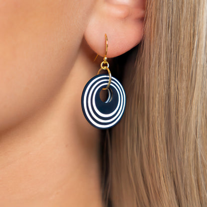 Navy &  Pearlescent White Stripey Circular Earrings