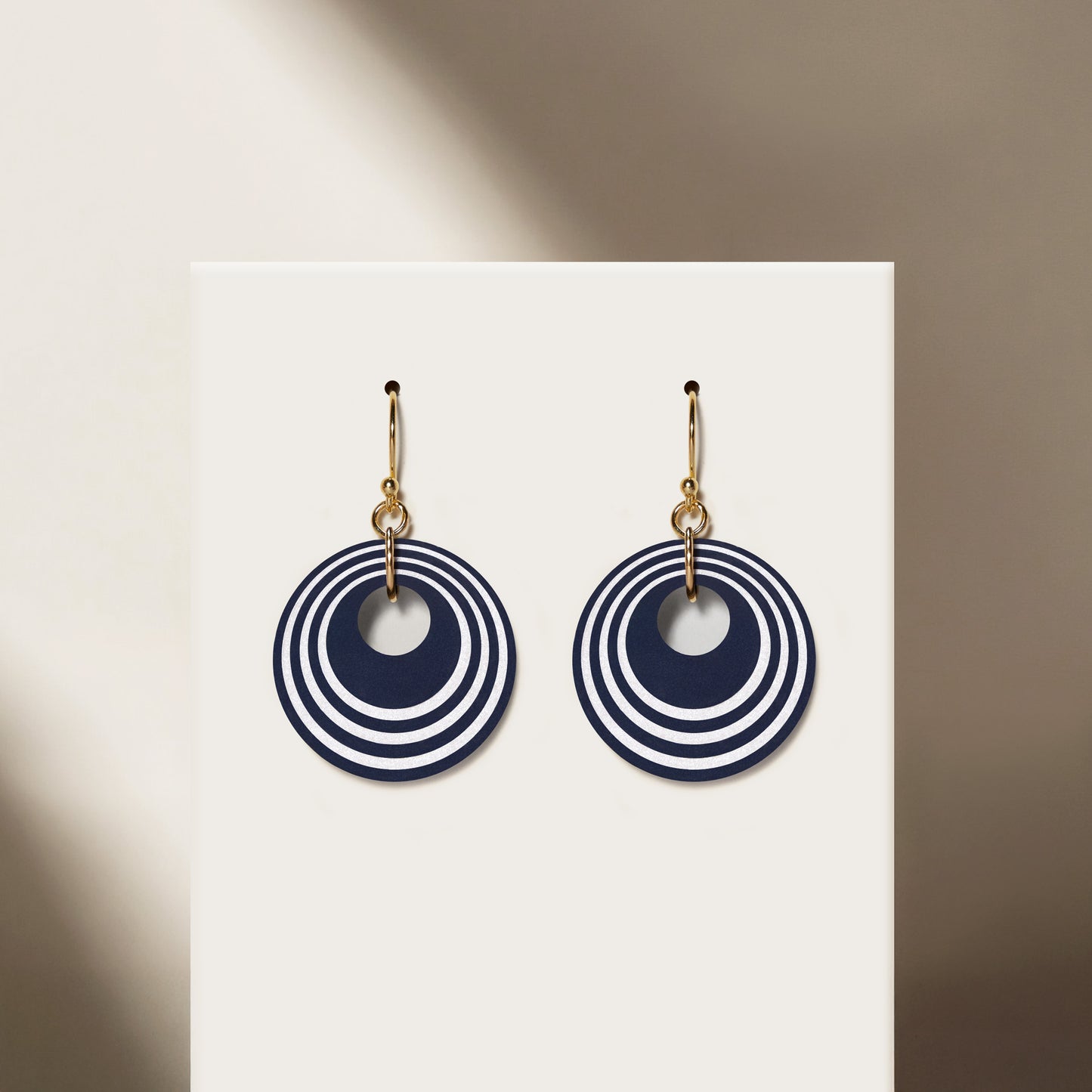 Navy &  Pearlescent White Stripey Circular Earrings