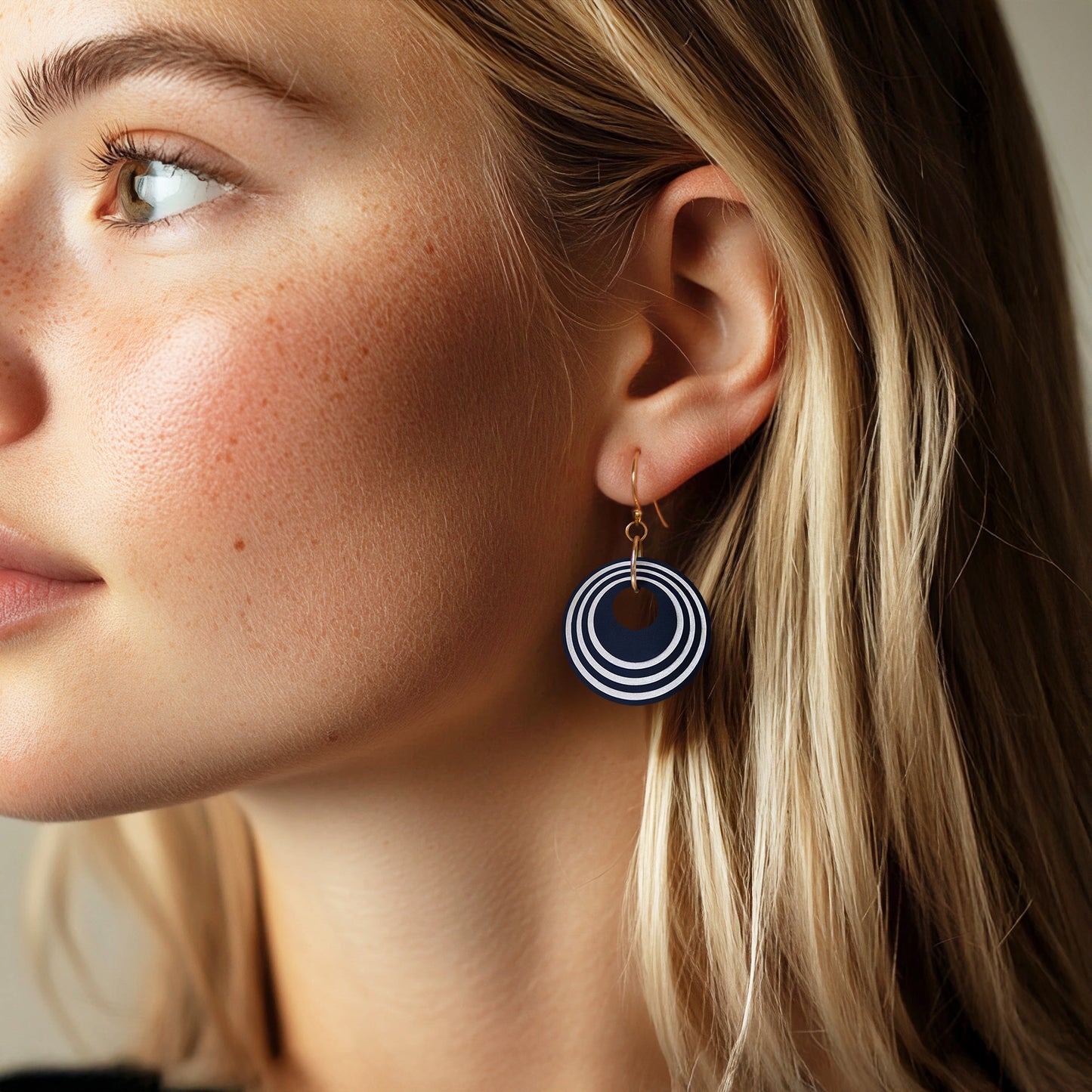Navy &  Pearlescent White Stripey Circular Earrings