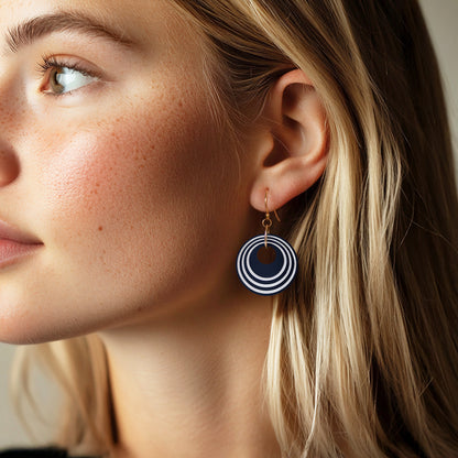 Navy &  Pearlescent White Stripey Circular Earrings